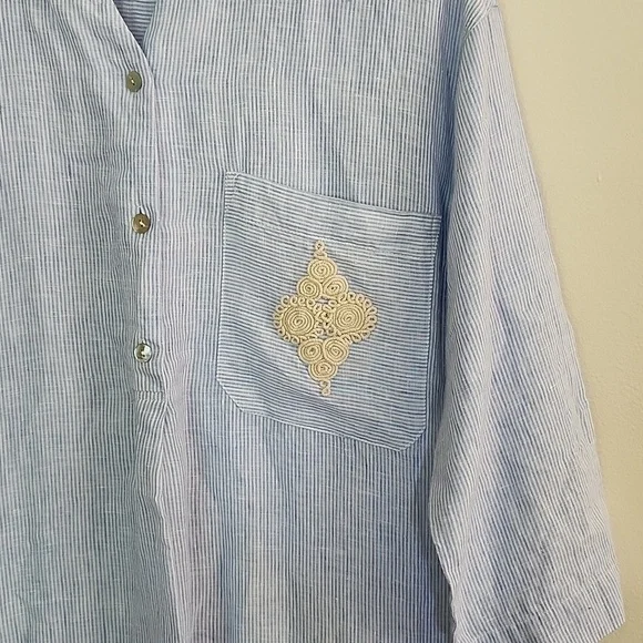 Soft Surroundings Linen Maxi Dress Blue White Striped Embroidered Side Slits S - Picture 4 of 11